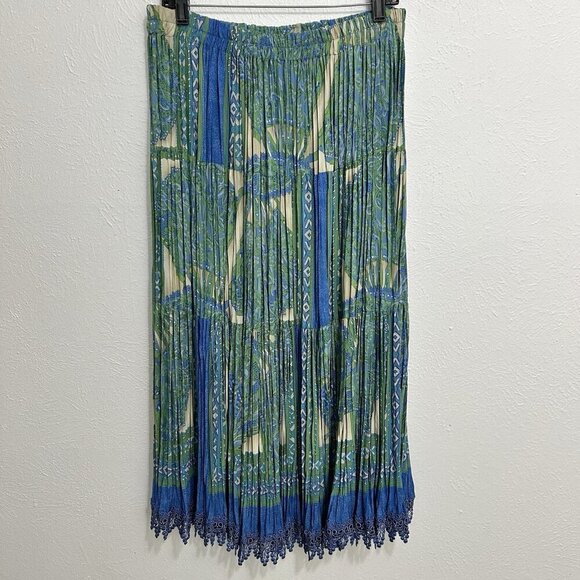 Designed By Julie Dresses & Skirts - VTG Boho Broomstick Skirt Crinkle Colorful Blue Green Long Maxi Crochet Trim XL